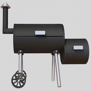 Puede incluir: Una ahumadora offset negra con cuerpo cilíndrico, un fogón lateral y una chimenea. Tiene patas plateadas y una rueda en un lado para la movilidad. La ahumadora presenta una tapa con un asa plateada.