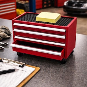 May include: A small, red tool chest with three drawers, one open, and a black top. The drawers have silver trim and the chest sits on small black wheels. A yellow sticky note pad rests on top. A clipboard and pen are in the foreground.