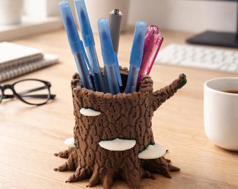 Tree Stump Pencil Holder with Mushrooms | Nature-Inspired Office Decor | 3D Printed Desk Decor