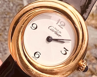Zegarek Must de Cartier Trinity w stylu vintage – 18-karatowe złoto Vermeil 925 – rzadka tarcza 12/3/6/9 – autentyczny damski luksusowy zegarek – projekt paryski