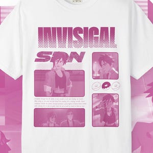 May include: White t-shirt with a pink graphic design featuring the text "INVISIGAL SON" and images of an anime character. The design includes multiple panels with the character and donuts. The background is a pink grid with anime character illustrations.