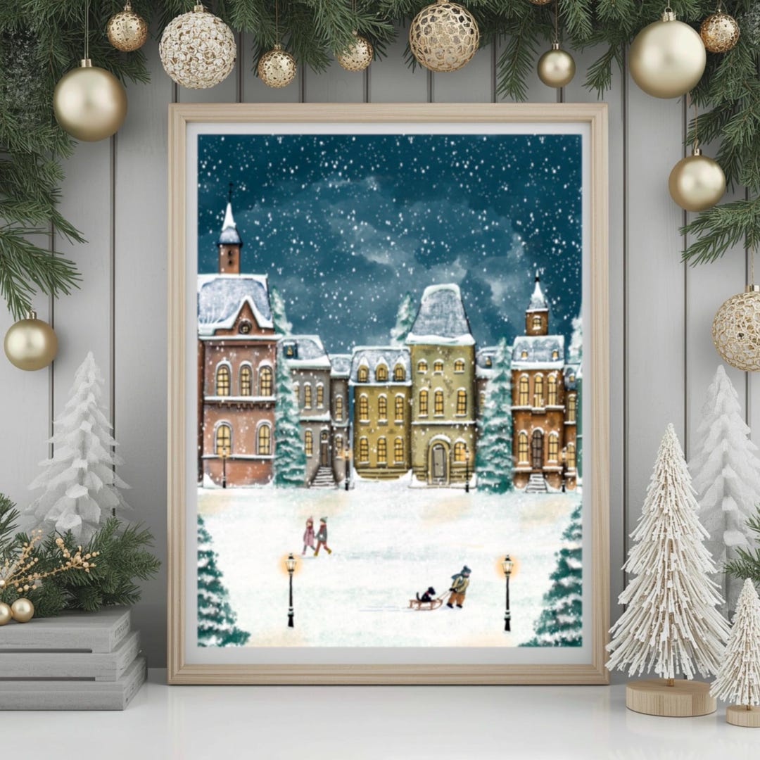 Hand-drawn Winter Village Wall Art Print • Cozy Christmas Decor ...