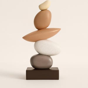 May include: A balanced sculpture of stacked, smooth stones in shades of brown, white, and gray, atop a dark brown rectangular base. The top stone is a light beige color. The arrangement evokes a sense of zen and balance.