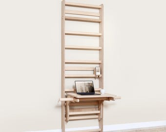 MowoFit Beech Wood Swedish Ladder: Fitness Wall Bars with Desk, Phone Holder, Push-Up Bar and Gym Rings