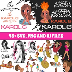 May include: Digital art featuring illustrations of women in various poses, musical instruments, and text including "KAROL G" and "LATINA FOREVA". The image also includes the text "45+ SVG, PNG AND AI FILES".