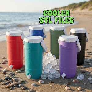 May include: A collection of colorful, cylindrical coolers in red, teal, blue, green, purple, and black, each with a white lid and spigot. The coolers are on a sandy beach with the text "COOLER STL FILES" in green.