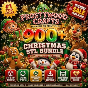 May include: A digital graphic for a 900+ Christmas STL bundle by Frosttwood Crafts, featuring a cartoon elf, reindeer, gingerbread man, snowman, and penguin. Text includes #1 Top Seller, Holiday Sale Ends Soon, and Instant Download.