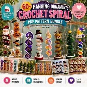 Peut inclure: Un ensemble numérique de plus de 60 modèles de décorations suspendues en crochet en spirale, incluant des motifs comme le Père Noël, des citrouilles, des bonhommes de neige, des rennes et des sapins. L'image montre plusieurs ornements finis.