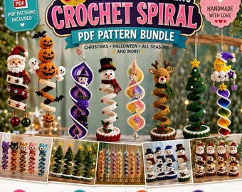 May include: A digital bundle of 60+ crochet spiral hanging ornament patterns featuring various designs like Santa, pumpkins, snowmen, reindeer, and Christmas trees. The image displays multiple finished crochet ornaments with spiral shapes.
