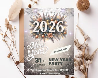 Champagne Theme New Year's Eve Invitation Template, Boho NYE Invite (Editable)