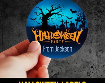 2" or 3" Round Label Personalized Haunted Graveyard Halloween Labels, Halloween Favor Bag Labels, Labels for Halloween Goodie Bags