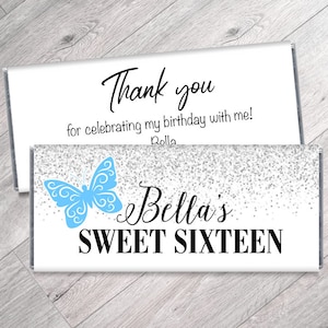 Set of 12 - Sweet Sixteen, Any Age, Glitter and Butterfly Candy Bar Wrappers - Personalized Birthday Favors - Sweet Sixteen Wrappers