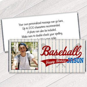 May include: A personalized baseball-themed chocolate bar wrapper with a photo of a young man, the text "Baseball", "Happy Birthday", and the name "JASON".