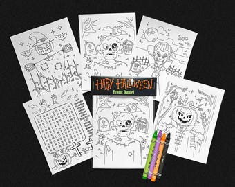 5 Halloween Coloring Pages + 4 Crayons, Personalize the Top with Your Name, Halloween Hand-outs