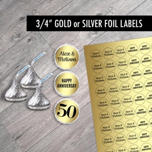 Set of 108 - Celebrating 50, any year, Gold or Silver Foil Anniversary Labels for Hershey&#39;s Kisses. Wedding Anniversary Party Favor Stickers