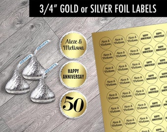 Silver or Gold Foil Anniversary Labels: 3/4" round Hershey's Kisses Stickers, Set of 108