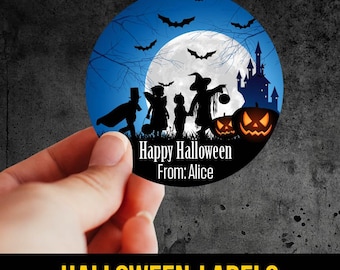 2" or 3" Round Label Personalized Trick or Treat Halloween Stickers, Halloween Favor Bag Labels, Labels for Halloween Goodie Bags
