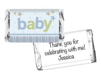 Baby Shower Mini Candy Bar Wrappers - Blue with Stripes Baby Labels for Miniature Chocolates - Baby Shower Stickers - Set of 42 #IDBBS610