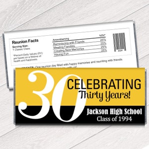 10th, 20th, 30th Reunion Candy Bar Wrappers - Personalized Reunion Party Favors - Also great graduation favors for any year - Set of 12
