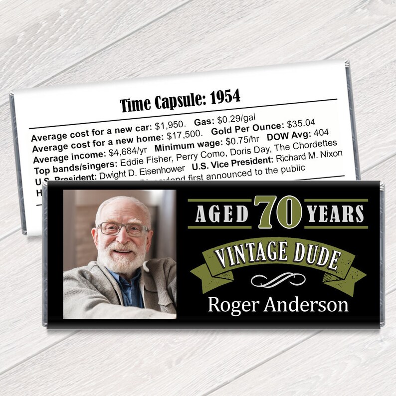 May include: A black and green personalized chocolate bar with a photo of a man and the text "Aged 70 Years Vintage Dude Roger Anderson".