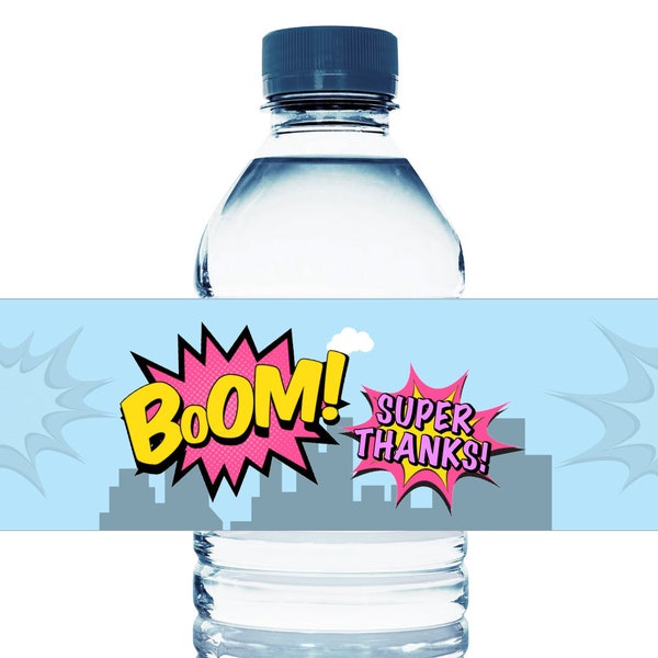 Boom Super Thanks - Superhero Water Bottle Labels. Superhero Party Favors. Superhero Water Bottle Stickers - Set of 10