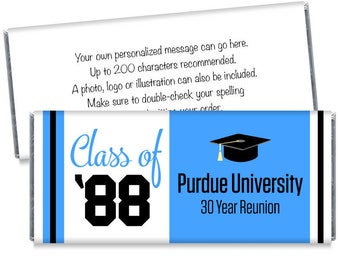 Class of 80, 90, any year, Reunion Candy Bar Wrappers - Any Year or Color - Personalized 10th 20th 30th Reunion Favors - Set of 12