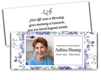 Memorial Purple Floral Candy Bar Wrappers With Photo - Forever In Our Hearts Personalized Celebration of Life Funeral Favors - Set of 12