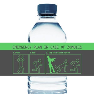 Zombie Emergency Plan Water Bottle Labels. Zombie Birthday Decorations. Zombie Water Bottle Stickers - Set of 10