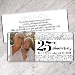 Silver Glitter Wedding Anniversary Candy Bar Wrappers with Photo - 25th Anniversary, any year, Silver Anniversary Party Favors - Set of 12