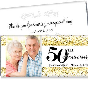 Gold Glitter Photo Wedding Anniversary Candy Bar Wrappers - Any Year 30th, 40th, 50th Photo Wedding Anniversary Party Favors - Set of 12