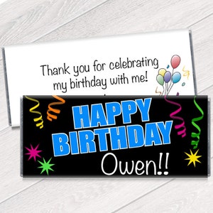 Happy Birthday Candy Bar Wrappers with Confetti - Personalized Birthday Party Favors - Wrappers for Chocolate - We Print - Set of 12