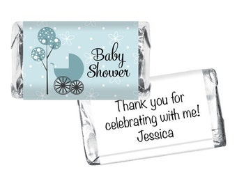 Baby Shower Mini Candy Bar Wrappers - Blue Carriage Labels for Miniature Chocolates - Baby Shower Stickers for Chocolate - Set of 42