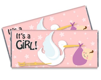 Set of 12 - Stork Baby Girl Candy Bar Wrappers - Girl Baby Shower Candy Bar Wrappers