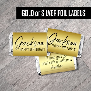 May include: Gold foil labels with the text "Jackson Happy Birthday!" and "Thank you for celebrating with me! Heather".