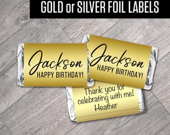 Set of 42 - Personalized Silver or Gold Metallic Foil Labels - Milestone Mini Candy Wrappers - Foil Stickers for Miniatures
