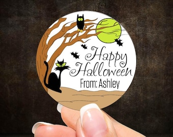 2" or 3" Round Label Personalized Black Cat Halloween Labels, Halloween Favor Bag Labels, Labels for Halloween Goodie Bags