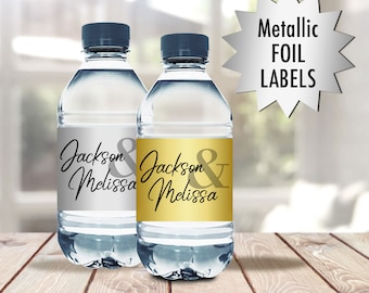 Printed Silver or Gold Foil Script Wedding Water Bottle Labels - 2 x 8 Stickers for Water Bottles - Wedding Favors - Set of 10