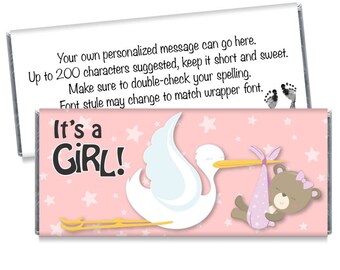 It's A Girl Stork and Teddy Bear Baby Shower Favors - Stork Candy Bar Wrappers - Personalized Candy Bar Wrappers with Teddy Bear - Set of 12