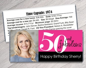 50 and Fabulous, any age, Fabulous Candy Bar Wrappers with Photo - 30th, 40th, 50th, 60th Adult Milestone Party Favors - Set of 12