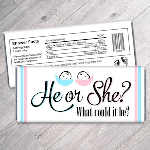 He or She Gender Reveal Baby Shower Candy Bar Wrappers - Gender Reveal Favors - Boy or Girl Gender Reveal Chocolate Wrappers - Set of 12