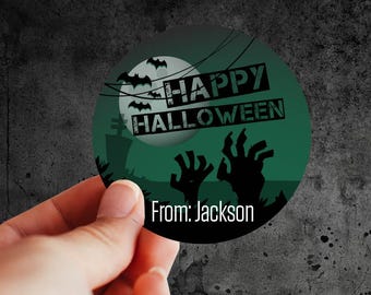 2" or 3" Round Label Personalized Zombie Hands Halloween Stickers, Halloween Favor Bag Labels, Labels for Halloween Goodie Bags