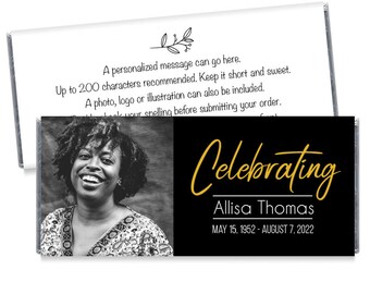 Celebrating Memorial Candy Bar Wrappers - Personalized Celebration of Life Wrappers - Funeral Favors with Photo - Set of 12