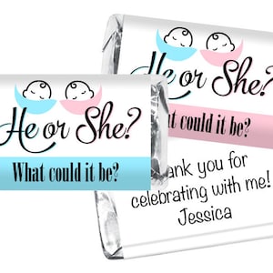 Gender Reveal Mini Candy Bar Labels. He or She Mini Candy Bar Wrappers. Boy or Girl Gender Reveal Favors. Set of 42.