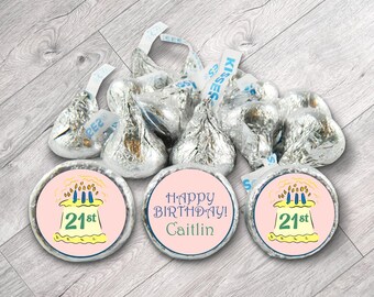 21st Birthday Birthday Labels for Hershey's Kisses. Milestone Adult Birthday Kiss Stickers. 30th, 40th, 50th, any age, and color. Set of 108