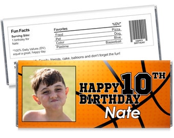 Set of 12 - Basketball Candy Bar Wrappers with Photo - Basketball Birthday Party Favors - Boy Birthday Party Wrappers for Chocolate