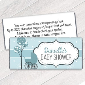 Set of 12 - Blue Carriage Boy Baby Shower Candy Bar Wrappers - Personalized Shower Wrappers for Chocolate