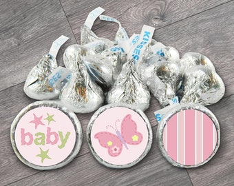 Pink Butterfly Baby Shower Kiss Stickers: Girl Favor Labels (Set of 108)