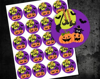 2" or 3" Round Witch and Pumpkins Halloween Labels, Halloween Favor Bag Labels, Labels for Halloween Goodie Bags