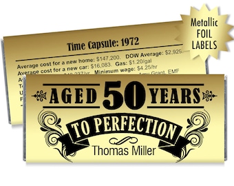 Gold Foil Label Stickers - Aged to Perfection Birthday Candy Bar Stickers - Milestone Favors 40th, 50th, 60th, 70th Any Age - Set of 12