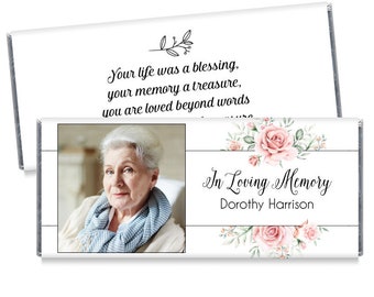 In Loving Memory Pink Floral Candy Bar Wrappers With Photo - Personalized Celebration of Life Funeral Favors - Set of 12